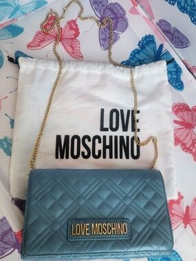 Love Moschino Quilted Light Blue Crossbody with Gold Chain